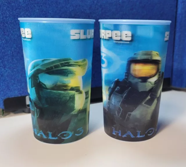 Halo 3 Slurpee Cup 7-11 Set Of 2 W/Lids Hologram Cups 2007 XBOX