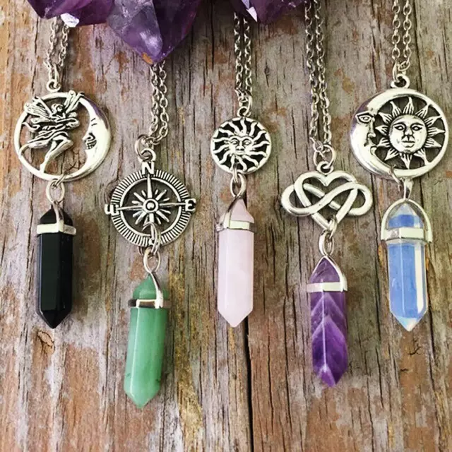 Natural Quartz Crystal Hexagonal Chakra Pendulum Stone Pendant Necklace Jewelry