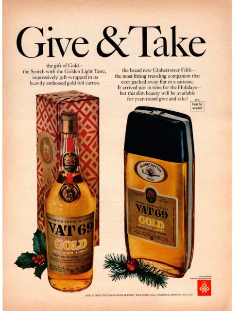 1967 Vat 69 Gold Scoth Globetrotter Fifth Christmas Wrapped Gift Box Print Ad