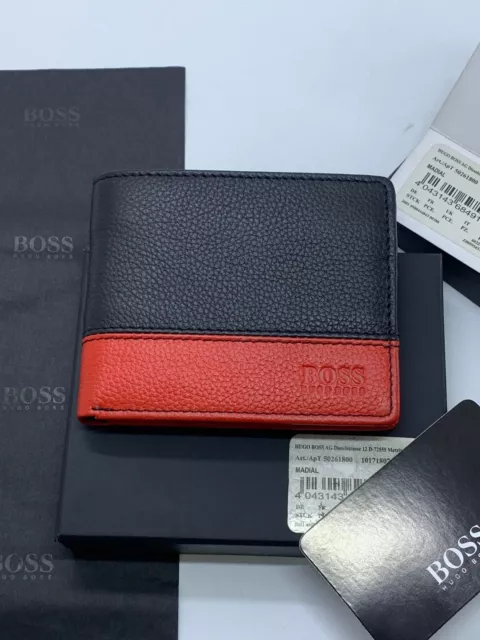 New Hugo Boss Mens Madial Red And Black Leather Bi Fold Wallet With Coin Pocket