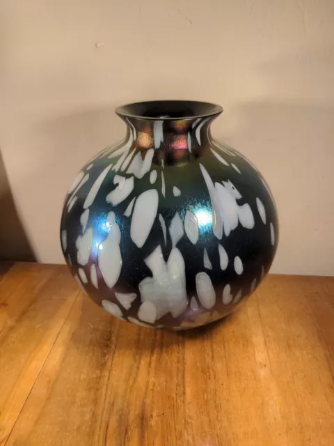 Large Vintage Royal Brierley Studio Art Glass B&W Iridescent Balloon Ball Vase