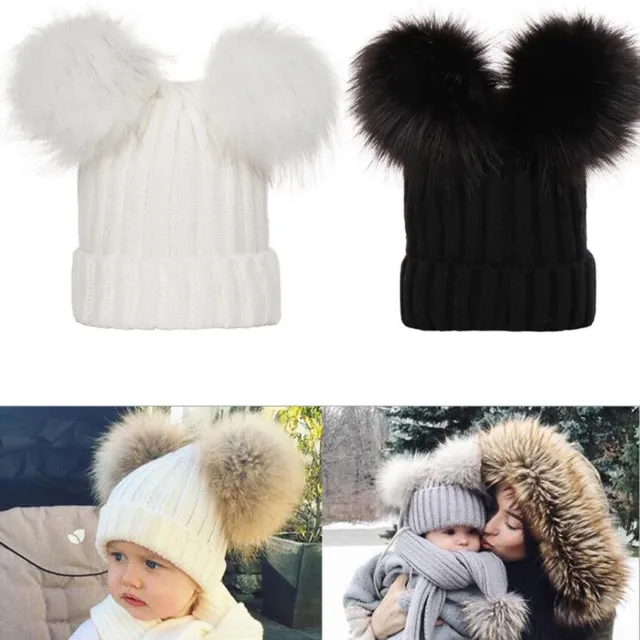 Cappello pompelmo neonato bambini bambina doppia pelliccia inverno lavorato a maglia caldo berretto bobble