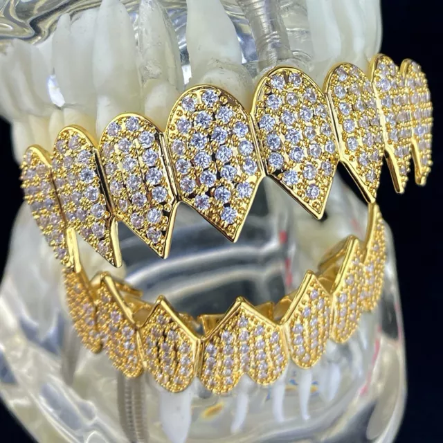 14K Gold Plated Shark Grillz Set 8 Top & Eight Bottom Iced Simulated CZ Teeth