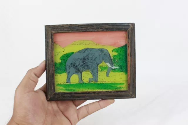 Ancien Revers Verre Peinture Bois Cadre Indien Fait à la Main Éléphant Mini Art