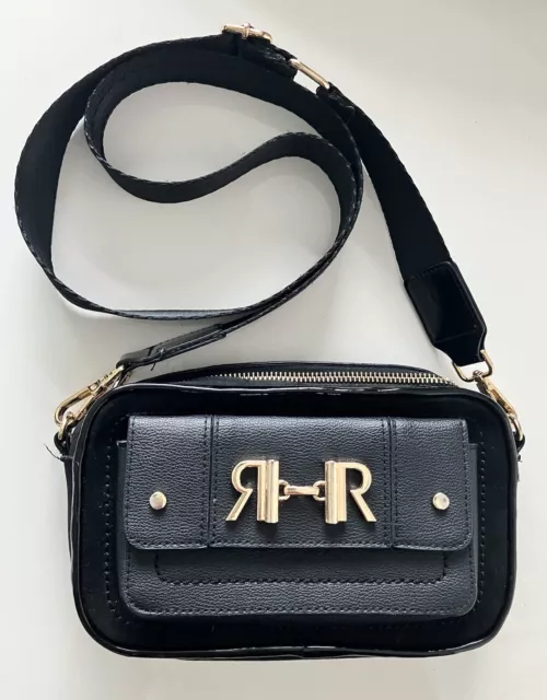 River Island Black Gold Logo Monogram Cross Body Messenger Bag Vgc