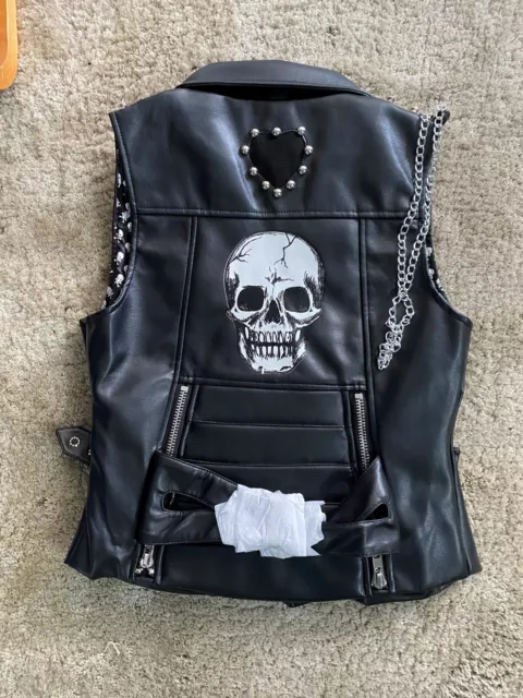 Women Real Leather Waistcoat Gilet Biker Ladies Vintage Sleeveless Skull jacket