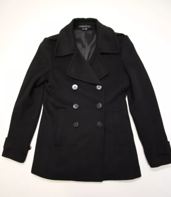 THEORY DOUBLE BREASTED Pea coat Wool Cashmere Blend Womens P Black ...