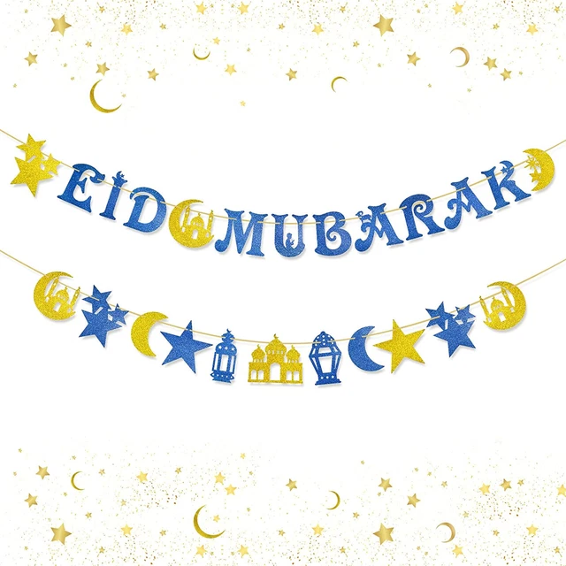 SHOKAN Eid Dekorationen Eid Mubarak Banner, blauer Glitzer Stern Mond Eid Mubarak