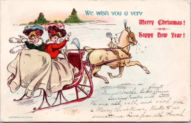 Postcard 1906 Christmas - Two ladies in horse-drawn sleigh - J. Ottman Lith
