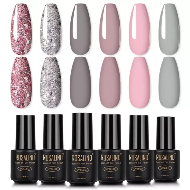 ROSALIND Esmaltes Semipermanentes de Uñas en Gel Rosa Gris UV LED, 6pcs Kit de