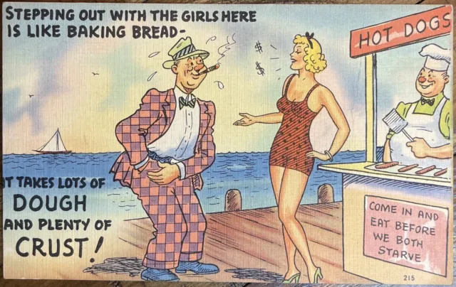Risque Pinup Swimsuit Beauty Selling Hot Dogs Linen Joke Comic Postcard