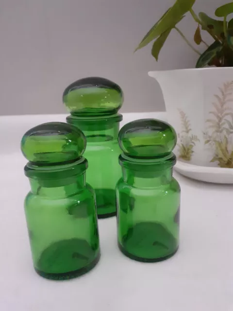 3 Vintage Apothecary Glass Jar Bottle Storage Bubble Lid Belgium 4.5" & 3.5"