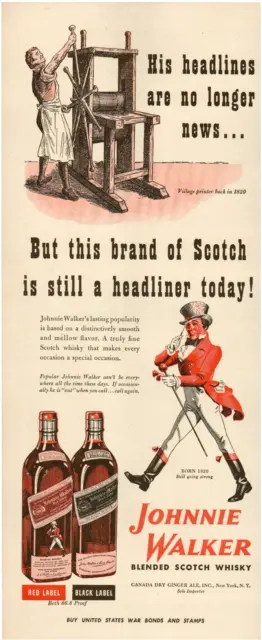 1944 Johnnie Walker Whiskey Red Label Black Label Printer Vintage Print Ad