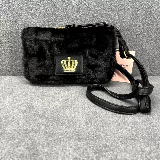 Juicy Couture Faux Fur Flap crossbody bag Black Gold Tone Crown