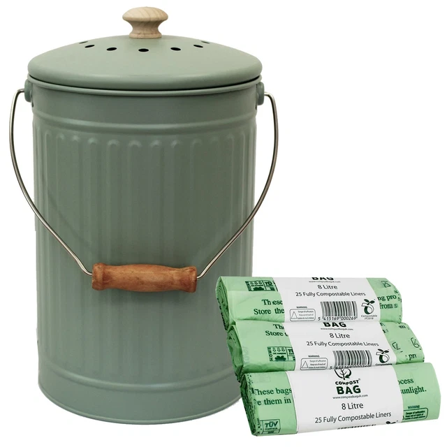 SAGE GREEN 7 Litre Metal Compost Caddy / Food Waste Bin & 75