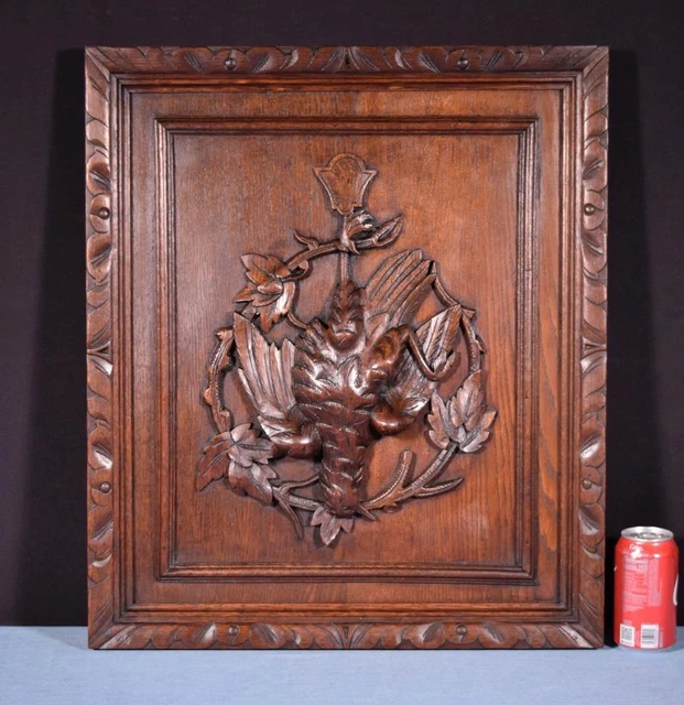 *French Antique Deeply Carved Oak Wood Panel with Bird Hunting Salvage