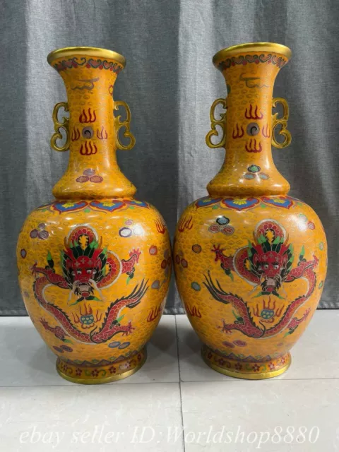 20" Qianlong Marked Old Chinese Bronze Cloisonne Dragon Bottle Vase Pair