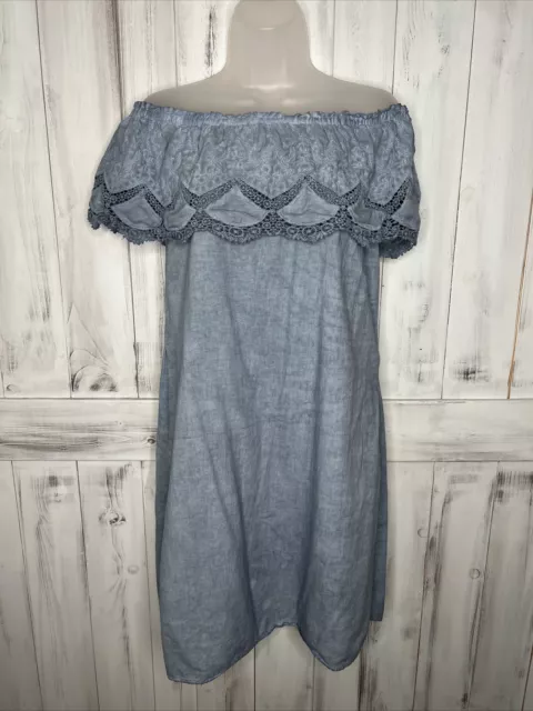 Womens Knox Rose Chambray Blue Off Shoulder Lined Embroidered Boho Shift Dress S