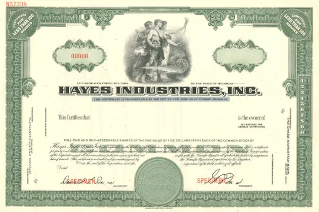 Hayes Industries, Inc. - Specimen Stock Certificate - Specimen Stocks & Bonds