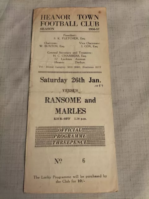 1956/57 Heanor Town v Ransome and Marles 26th Jan 1957 Central Alliance