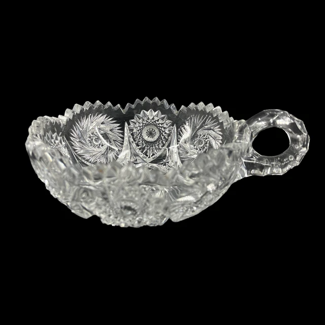 ABP American Brilliant Cut Glass Sawtooth Hobstar Pinwheel Handled Nappy Dish