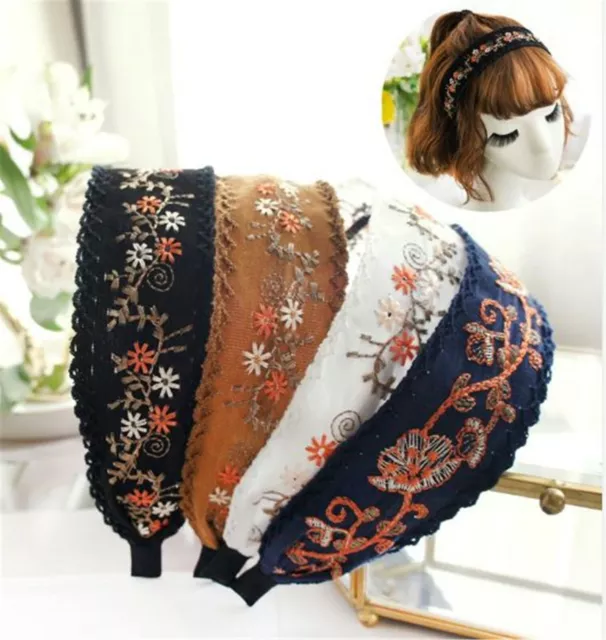 Women Lady Retro Boho Embroidery Cotton Wide Hair Headband Head Wrap Band hoop