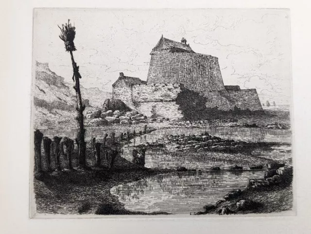 Antique  1800s Original V J VAILLANT Etching "Fort of Andreselles"