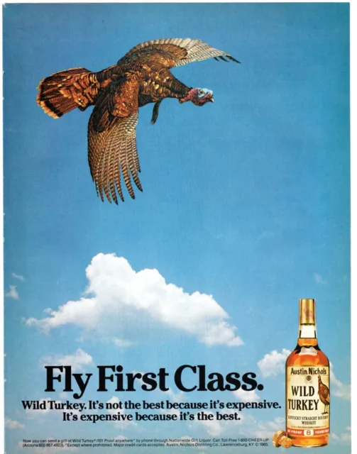 Vintage 1986 Wild Turkey Bourbon Fly First Class Original Color Print Ad 8.5"x11