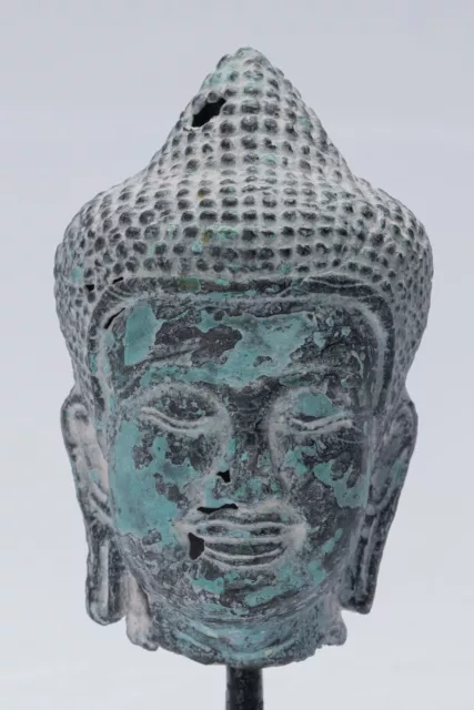 Antique Khmer Style Bronze Mounted Buddha Head Statue - 15.5cm/6"