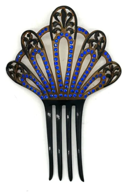 Vintage Art Deco Black and Brown Fan Hair Comb With Blue Rhinestones