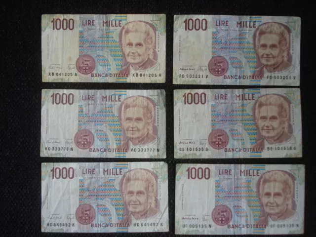 6 x 1000 Lire Banknotes Italy 1990 Maria Montessori Physician (Lot 2)