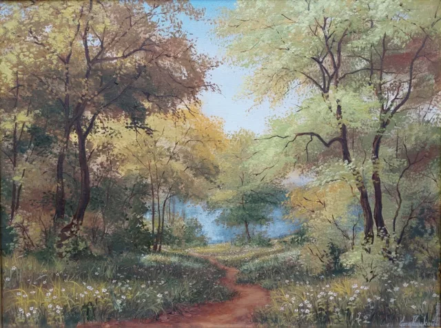 Summer trees and flowers meadow art. Original landscape oil painting on canvas