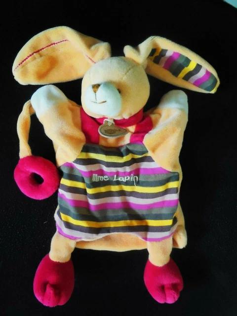 doudou marionnette lapin beige Mme Lapin rayé rouge bordeaux BABY NAT'