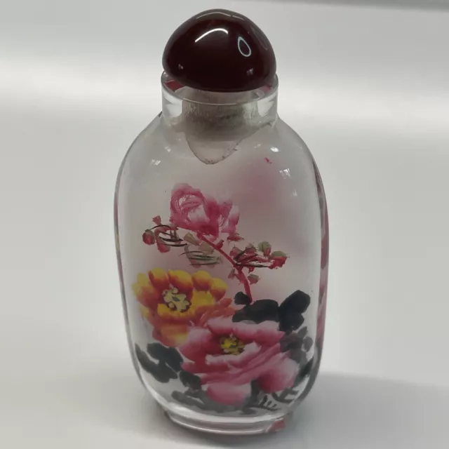 Reverse Painted Snuff Bottle Chinese Antique Delicate Flowers R4