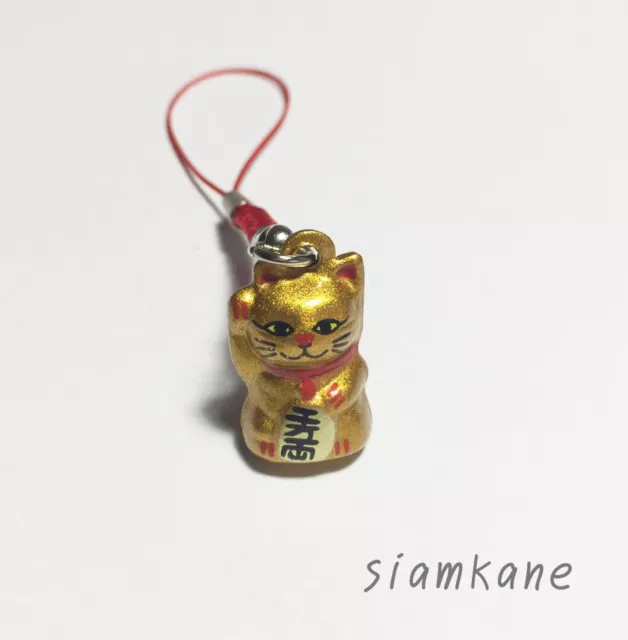 Lucky Cat Maneki Neko Japanese Bell 2.3 cm. Gold Rich Red Strap