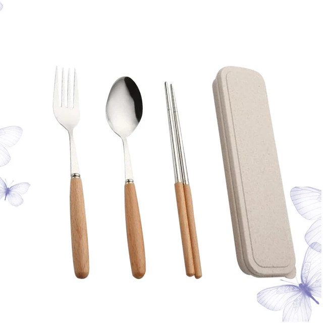 3 piezas Vajilla portátil de viaje de madera para exteriores de acero inoxidable