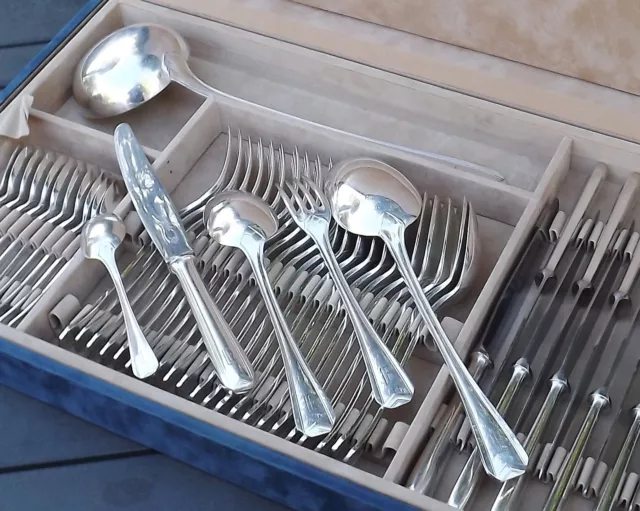 Christofle Modele Chevron Menagere Art Deco + Couteaux 50 Pcs Metal Argente 1930