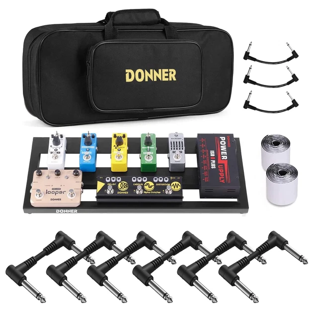 🎸𝗗𝗢𝗡𝗡𝗘𝗥 Aluminium Effects Pedal Pedalboard + Bag 6Pcs 1/4" TS Patch Cable