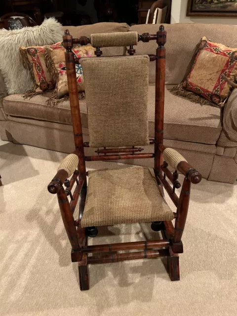 Rustic Antique 19th Century Indian Hand-Carved Turned Rocking Chair Upholstered