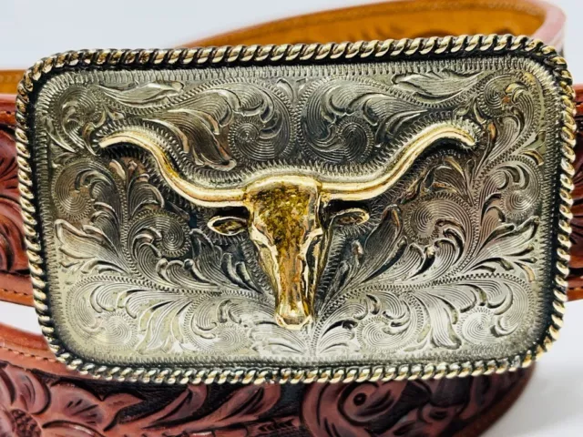 Ralph Lauren Tooled Leather Western Belt Size 34 Steer Head Buckle Hand Engraved 3