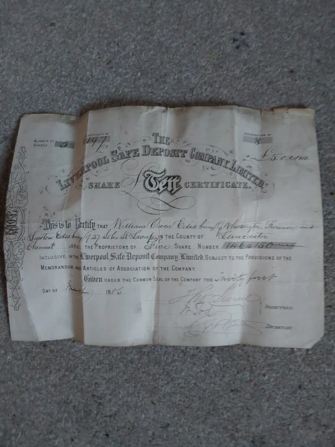The Liverpool Safe Deposit Company Ltd Sharexof 10 Certificate 1886