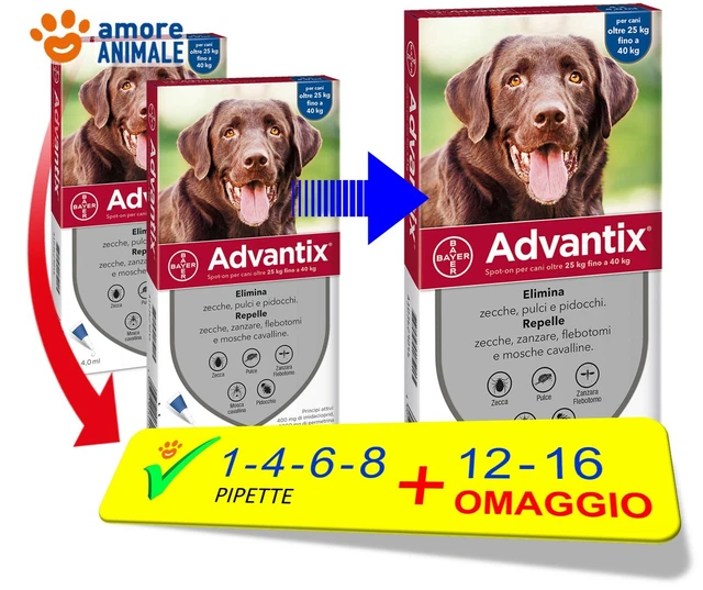 Advantix Bayer per cani da 25-40 kg  1 / 4 / 6 / 8 / 12 / 16 pipette ex oltre 25