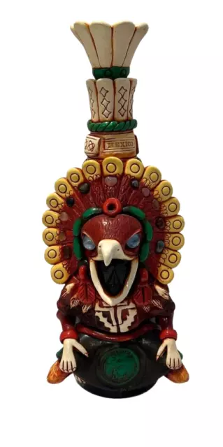 Mexican Aztec Mayan Tequila Figural Decanter Folk Art Headdress Eagle Stones Sun