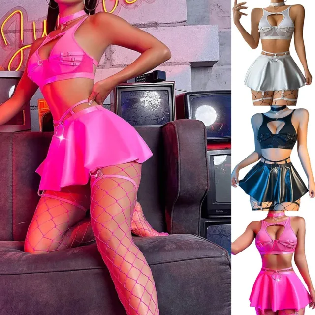 Nuovo set erotico choker rosa set lingerie sexy donna kit gonna pelle pu