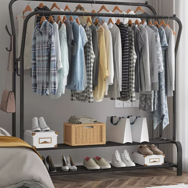 2Bar Metal Garment Rack Heavy Duty Closet Organizer Clothes Hanger Shoes Storage