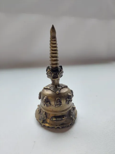 Antique Bronze Brass Bell, Chinese? 3D Design, Twist To Point Handle 6"