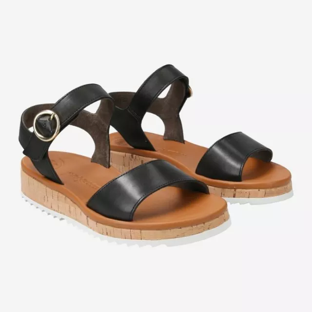 Paul Green Womens Ringo Sandal 7 Black Leather Wedge Open Toe Lug Soles Buckle