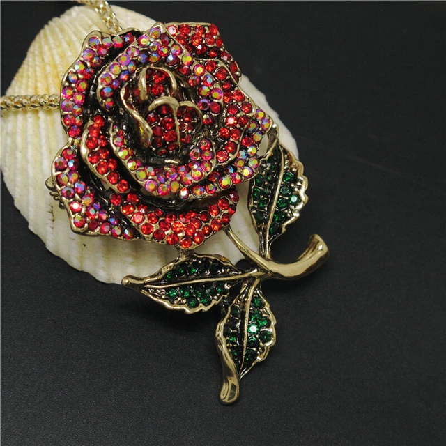 New Betsey Johnson Red Bling Lovely Rose Flower Crystal Pendant Necklace 3