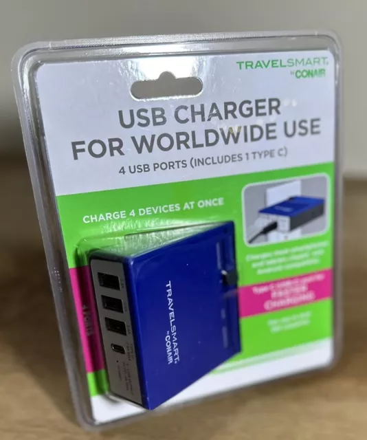Travel Smart by Conair USB Charger Worldwide Use 4 Ports ts243x USBC Fast NEW!