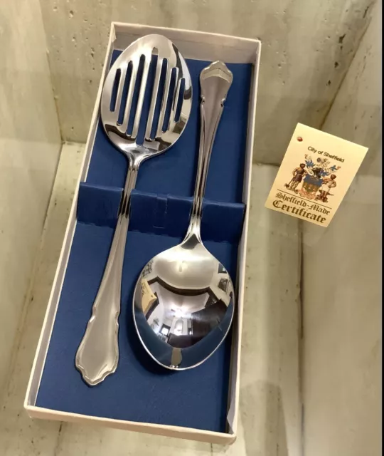 Vintage Sheffield England Stainless Boxed Solid & Slotted 8” Serving Spoon Set